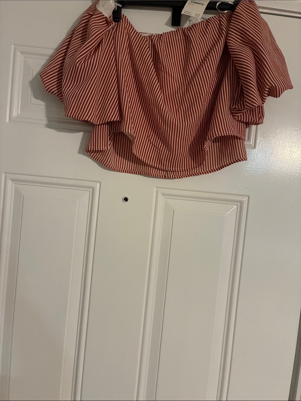 Striped Off-Shoulder Ruffle Crop Top - Red/White